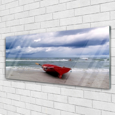 Glass Wall Art Boat beach sea landscape red grey blue