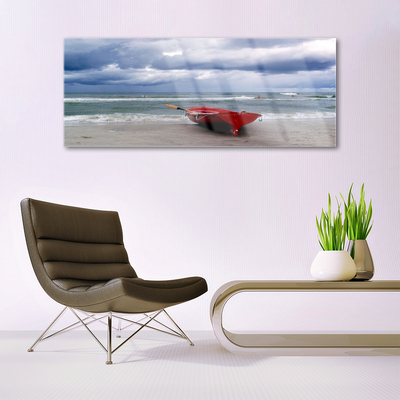 Glass Wall Art Boat beach sea landscape red grey blue