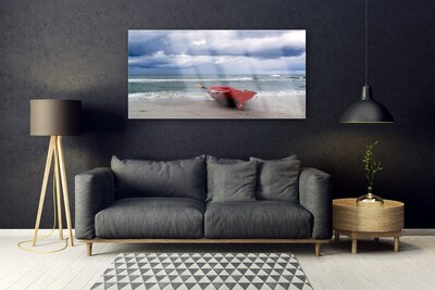 Glass Wall Art Boat beach sea landscape red grey blue