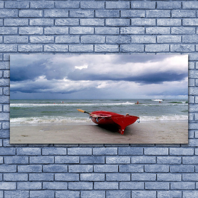 Glass Wall Art Boat beach sea landscape red grey blue