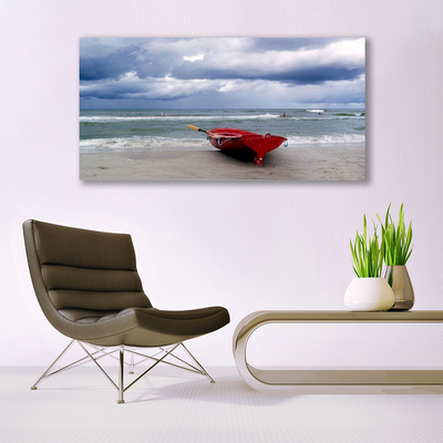 Glass Wall Art Boat beach sea landscape red grey blue