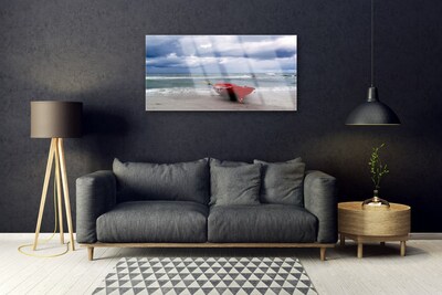 Glass Wall Art Boat beach sea landscape red grey blue