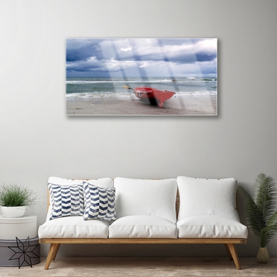 Glass Wall Art Boat beach sea landscape red grey blue