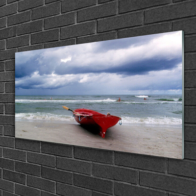 Glass Wall Art Boat beach sea landscape red grey blue