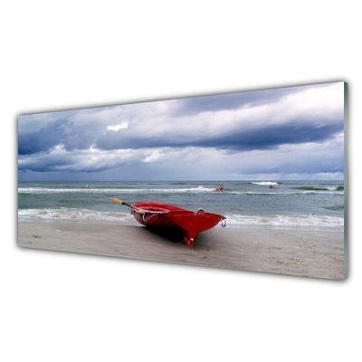 Glass Wall Art Boat beach sea landscape red grey blue