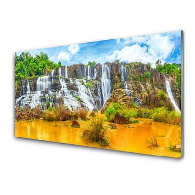 Glass Wall Art Waterfall nature grey white