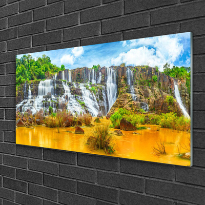 Glass Wall Art Waterfall nature grey white