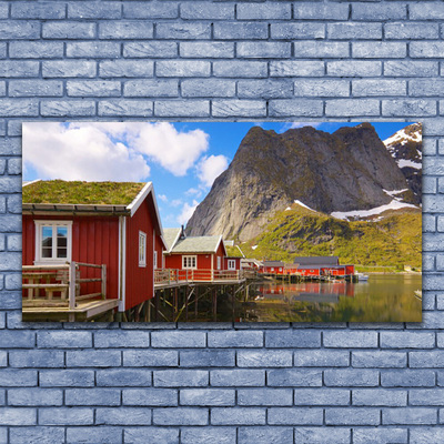 Glass Wall Art Houses lake mountains landscape brown white green grey