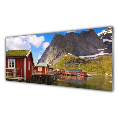 Glass Wall Art Houses lake mountains landscape brown white green grey