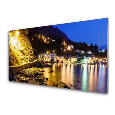 Glass Wall Art Mountain beach landscape yellow purple green