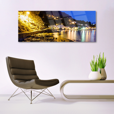 Glass Wall Art Mountain beach landscape yellow purple green