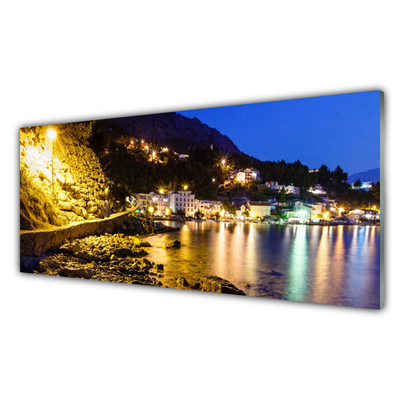 Glass Wall Art Mountain beach landscape yellow purple green