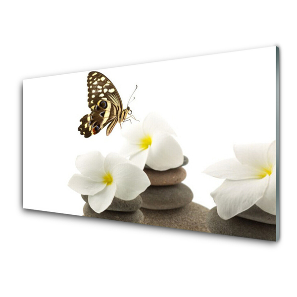 Glass Wall Art Butterfly flower stones floral green white grey