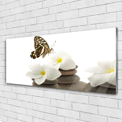 Glass Wall Art Butterfly flower stones floral green white grey