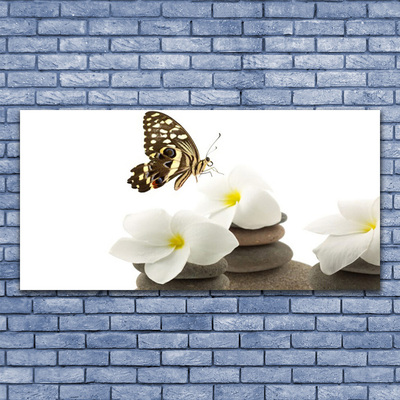 Glass Wall Art Butterfly flower stones floral green white grey