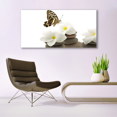 Glass Wall Art Butterfly flower stones floral green white grey