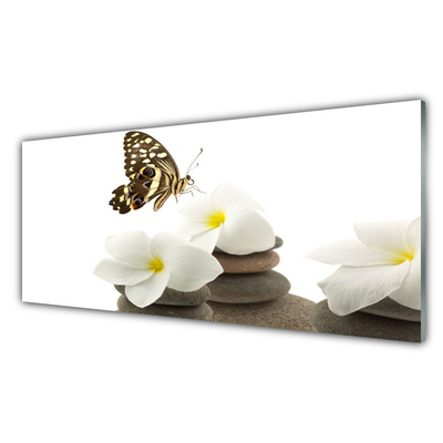 Glass Wall Art Butterfly flower stones floral green white grey