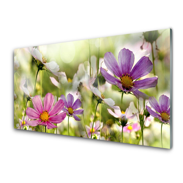 Glass Wall Art Flowers nature pink yellow green