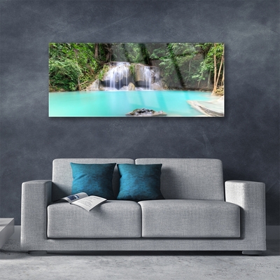 Glass Wall Art Waterfall lake nature blue white grey green