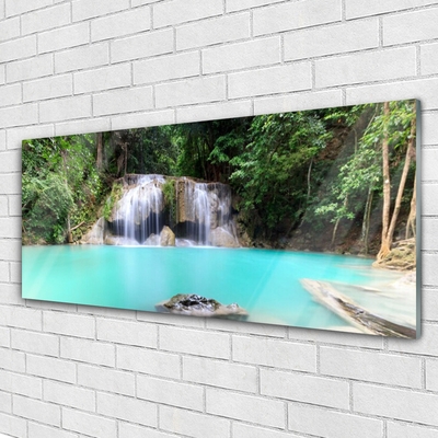 Glass Wall Art Waterfall lake nature blue white grey green