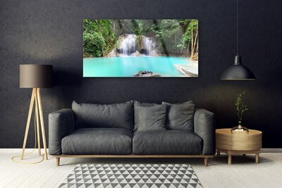 Glass Wall Art Waterfall lake nature blue white grey green