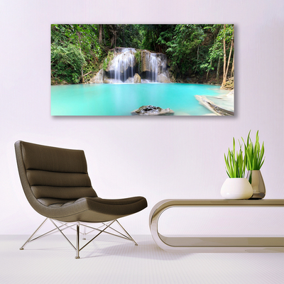 Glass Wall Art Waterfall lake nature blue white grey green