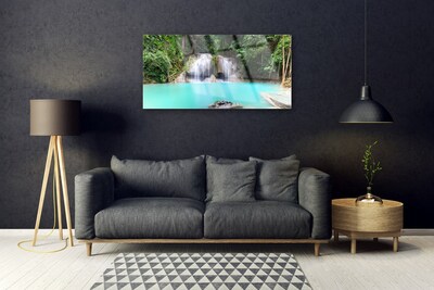 Glass Wall Art Waterfall lake nature blue white grey green