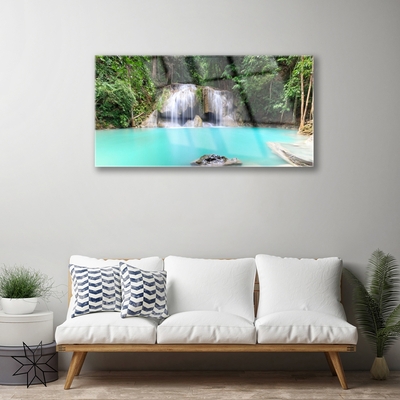 Glass Wall Art Waterfall lake nature blue white grey green