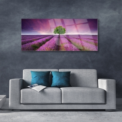 Glass Wall Art Meadow tree nature pink green purple