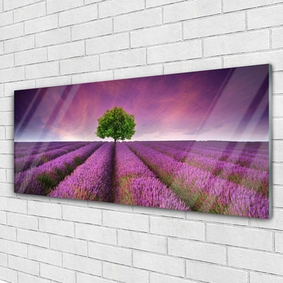 Glass Wall Art Meadow tree nature pink green purple