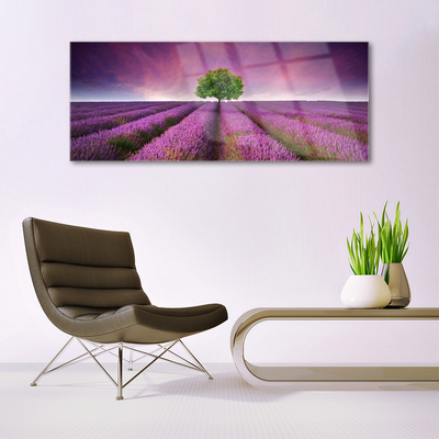 Glass Wall Art Meadow tree nature pink green purple