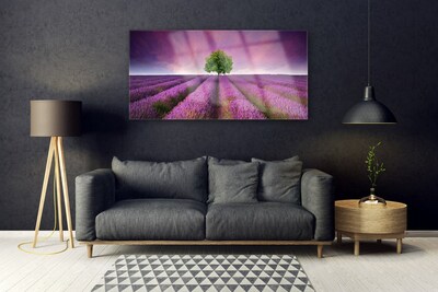 Glass Wall Art Meadow tree nature pink green purple