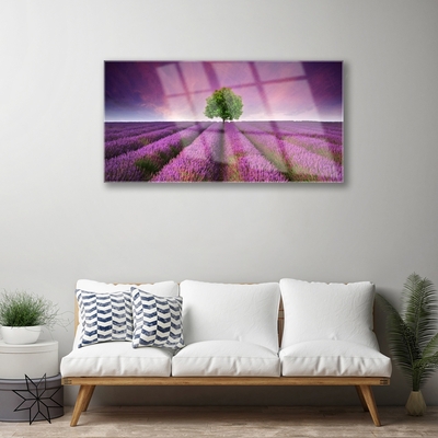 Glass Wall Art Meadow tree nature pink green purple