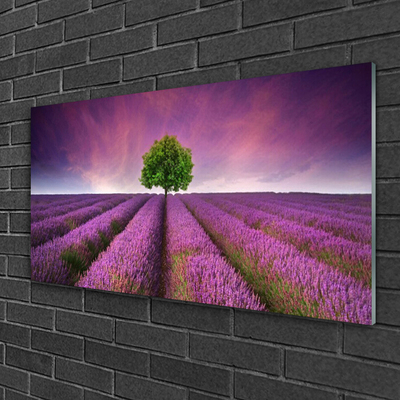 Glass Wall Art Meadow tree nature pink green purple