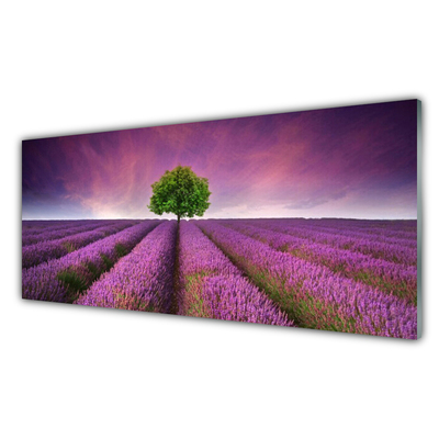 Glass Wall Art Meadow tree nature pink green purple