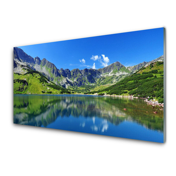 Glass Wall Art Mountain lake landscape blue green grey