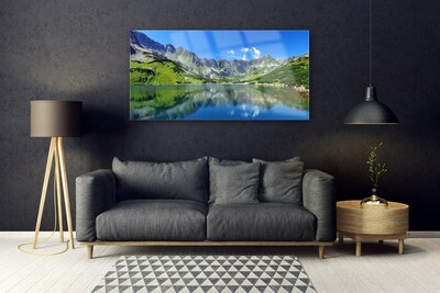 Glass Wall Art Mountain lake landscape blue green grey