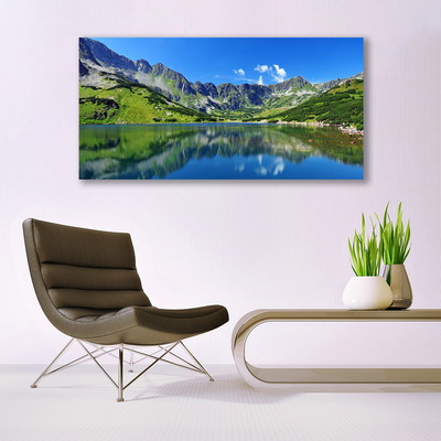 Glass Wall Art Mountain lake landscape blue green grey