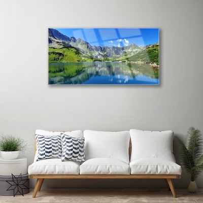 Glass Wall Art Mountain lake landscape blue green grey