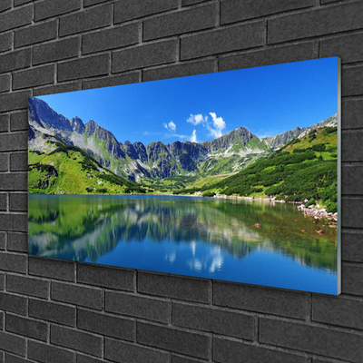 Glass Wall Art Mountain lake landscape blue green grey