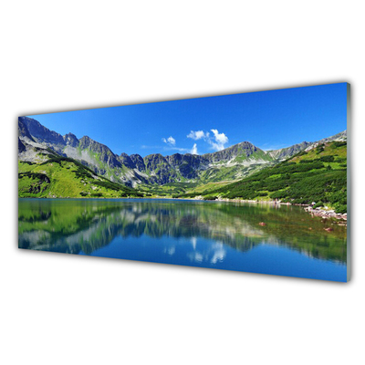 Glass Wall Art Mountain lake landscape blue green grey