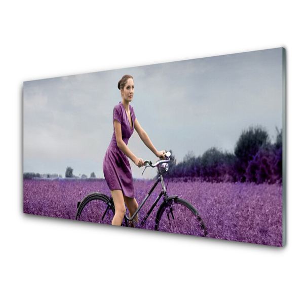 Glass Wall Art Woman bicycle meadow people pink