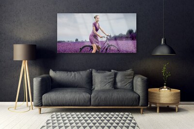 Glass Wall Art Woman bicycle meadow people pink