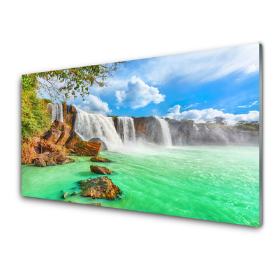 Glass Wall Art Waterfall lake landscape blue brown white green