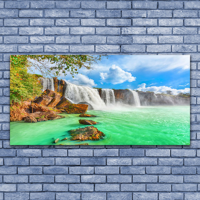 Glass Wall Art Waterfall lake landscape blue brown white green