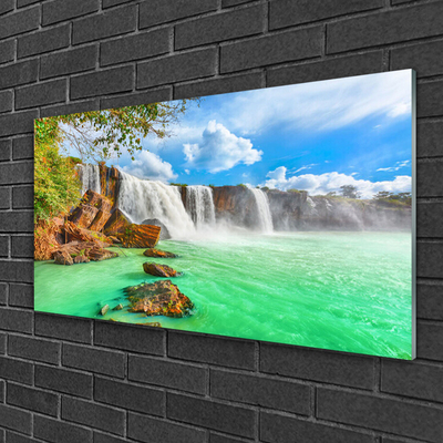 Glass Wall Art Waterfall lake landscape blue brown white green