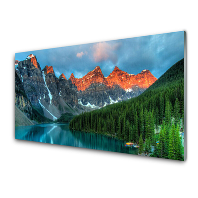 Glass Wall Art Mountain forest lake landscape blue green grey yellow