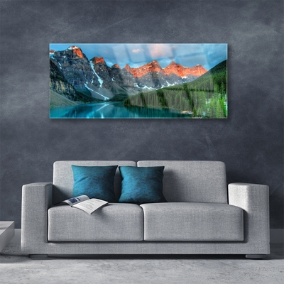 Glass Wall Art Mountain forest lake landscape blue green grey yellow