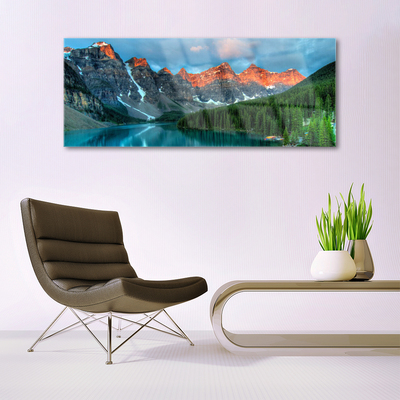 Glass Wall Art Mountain forest lake landscape blue green grey yellow