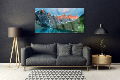 Glass Wall Art Mountain forest lake landscape blue green grey yellow